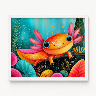 Poster Pintura Floral de Axolote Laranja Rosa