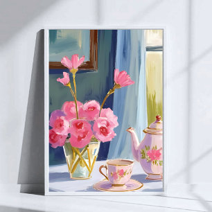 Poster Pintura Floral de Flor Rosa da Festa do Chá