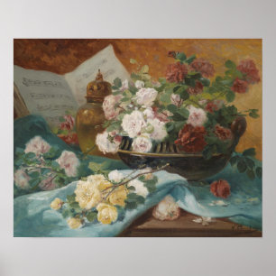 Poster Pintura floral do vintage dos rosas elegantes da