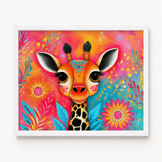 Poster Pintura Floral Girafa Laranja Rosa