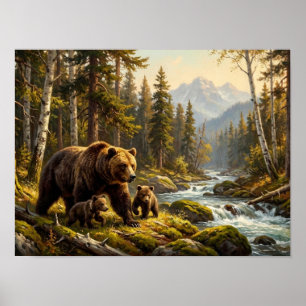 Poster Pintura Florestal da Família de Ursos da Floresta