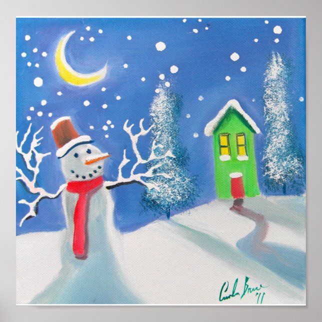 Póster Pintura foliar de cena de inverno de Snowman (Frente)