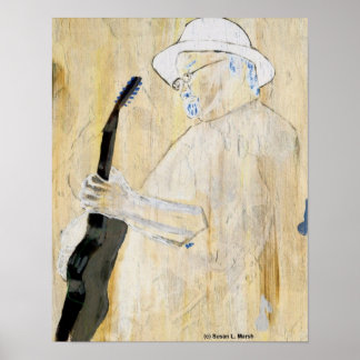 Póster Pintura Guitarista Blues em laranja e castanho