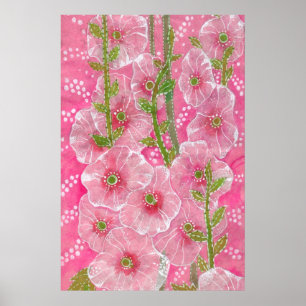 Poster Pintura Hollyhock Mallow Malva Flor Paisagem