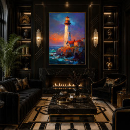 Poster Pintura impressionista de paisagem marinha com far