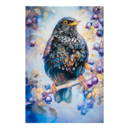 Póster Pintura Impressionista de um Melro no Jardim