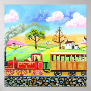 Poster Pintura ingénua da arte popular do trem vermelho