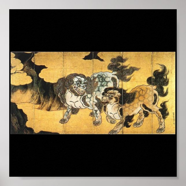 Póster Pintura japonesa de leões chineses c. anos 1500 (Frente)