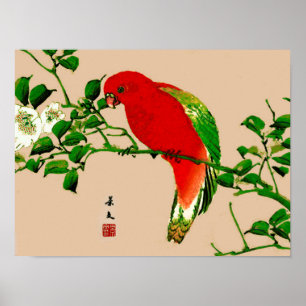 Poster Pintura japonesa de papagaio, vermelho e verde