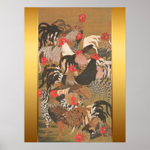 Póster Pintura japonesa dos galos com fundo dourado