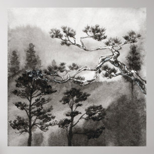Poster Pintura Japonesa Sumi-e de Pinheiro Nebuloso à Mão