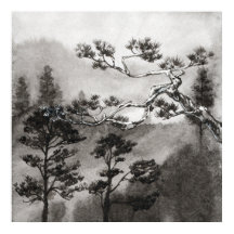 Pintura Japonesa Sumi-e de Pinheiro Nebuloso à Mão