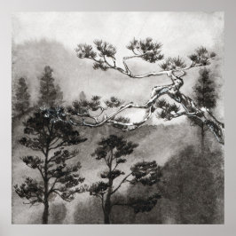Poster Pintura Japonesa Sumi-e de Pinheiro Nebuloso à Mão