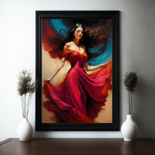 Poster Pintura Linda Mulher Incrível Vestido Vermelho
