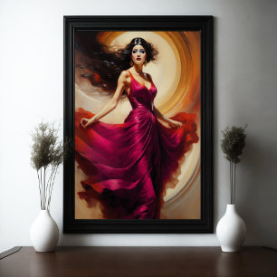 Poster Pintura Linda Mulher Incrível Vestido Vermelho III
