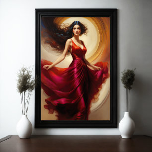 Poster Pintura Linda Mulher Incrível Vestido Vermelho IV