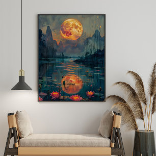 Poster Pintura Lua Cheia e Lago com Flores de Lótus
