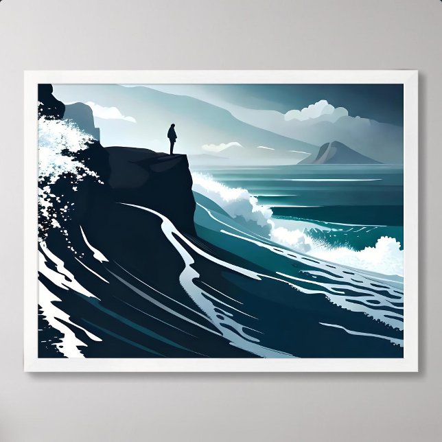Poster pintura marítima grande onda tempestade noite escu (sea painting big wave storm dark night cliff beach)