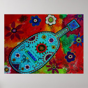 Poster Pintura mexicana da guitarra da arte popular