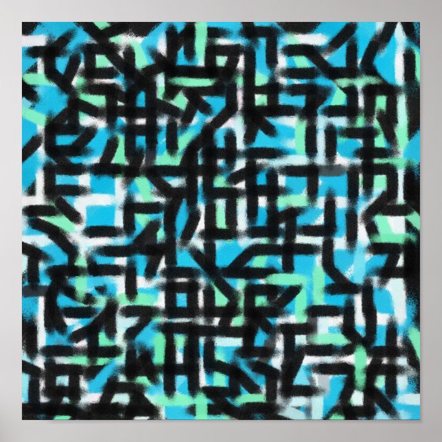 Poster pintura moderna de abstrato a preto e azul (Frente)
