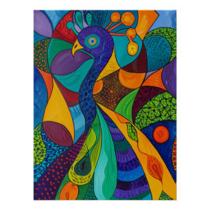 Póster Pintura Mosaico Abstrato Vibrante de Pavão
