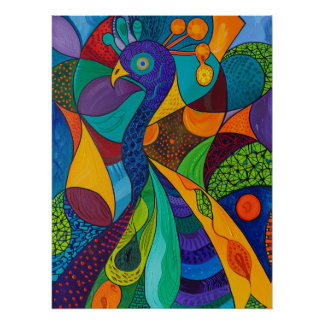 Póster Pintura Mosaico Abstrato Vibrante de Pavão