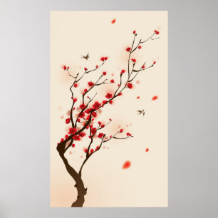 Poster Pintura oriental do estilo, flor da ameixa no
