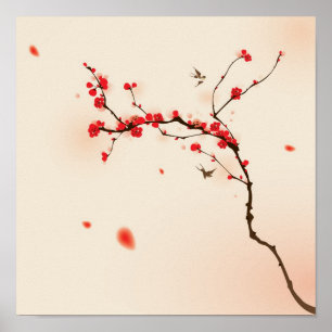 Poster Pintura oriental do estilo, flor da ameixa no