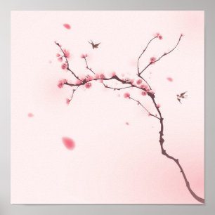 Póster Pintura oriental do estilo, flor de cerejeira