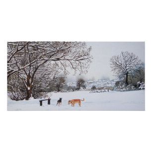 Póster pintura paisagística de cães na cena de neve de in