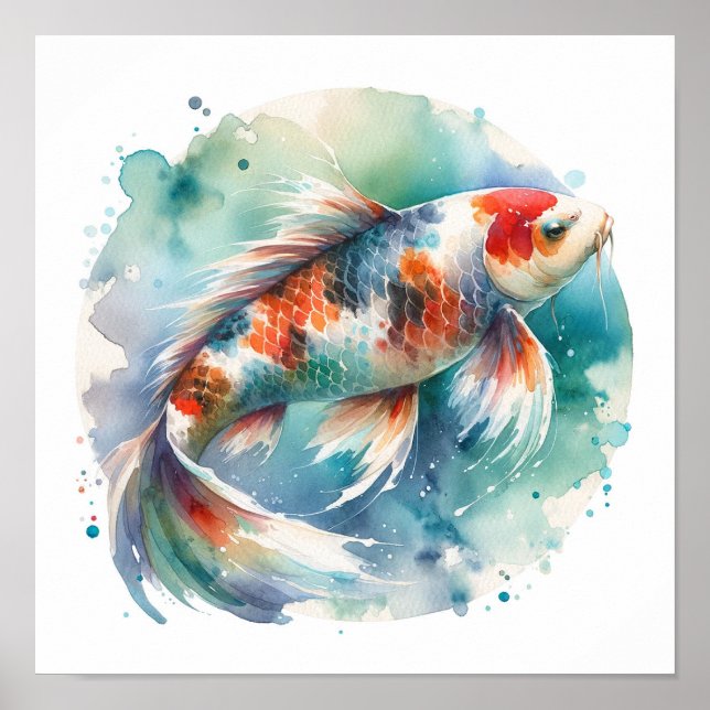 Poster Pintura Por Aquarela Arte De Peixe Koi (Frente)