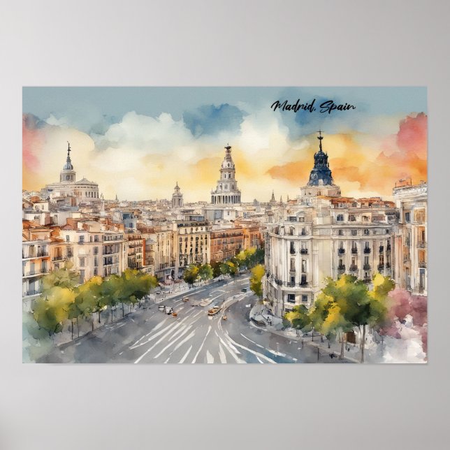 Poster Pintura por Aquarela da cidade de Espanha Madrid (Frente)