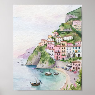 Poster Pintura Por Aquarela Da Costa Do Amalfi