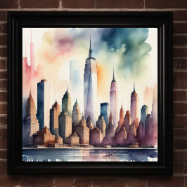 Poster Pintura por Aquarela de Cidade com Água