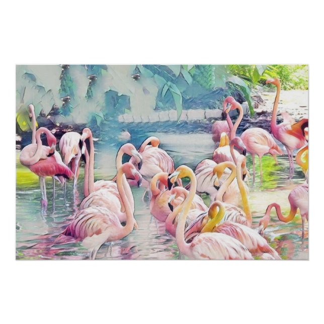 Póster Pintura por Aquarela de Flamingos Rosa na Água (Frente)