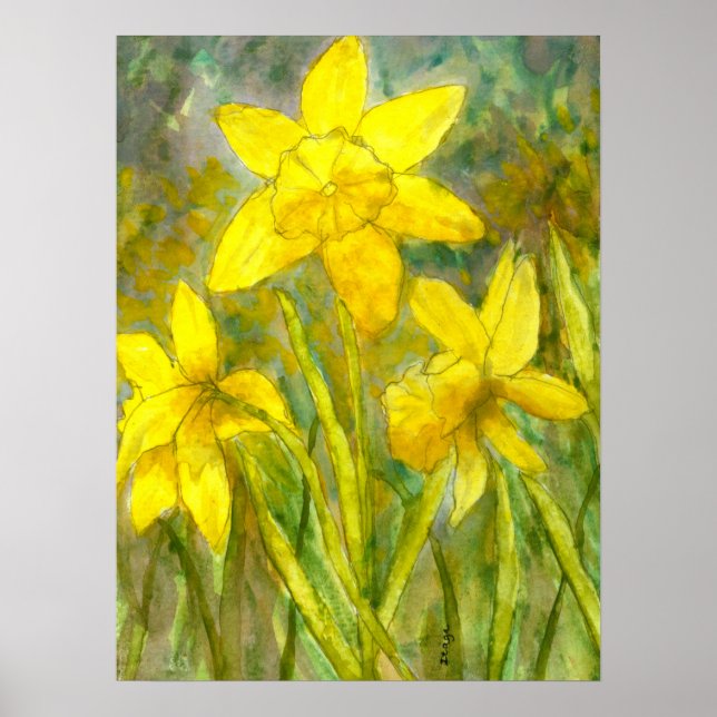 Póster Pintura Por Aquarela, Flores Amarelas, Daffodils (Frente)