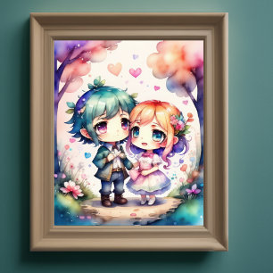 Poster Pintura por Aquarela Kawaii Chibi Male Female III
