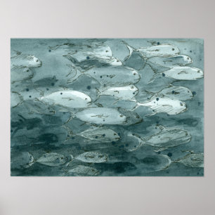 Poster Pintura preto e branco da aguarela dos peixes