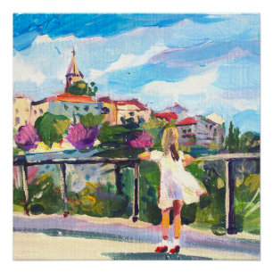 Póster pintura, siltrite feminino na cidade medieval euro