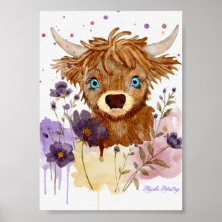 Poster pintura solta de vaca highland em aquarela