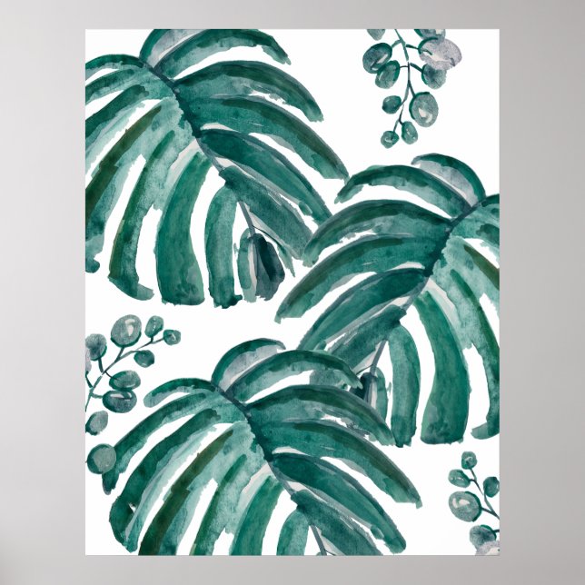 Poster Pintura tropical com folha verde botânica (Frente)