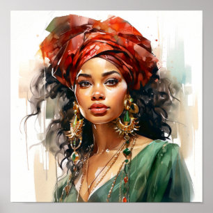 Poster Pintura verde e vermelha de mulher africana-americ