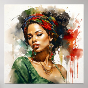 Poster Pintura verde e vermelha de mulher africana-americ