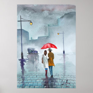 Póster Pintura vermelha do guarda-chuva do casal