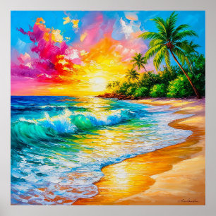 Poster Pintura Vibrante do Pôr do Sol Tropical com Ondas