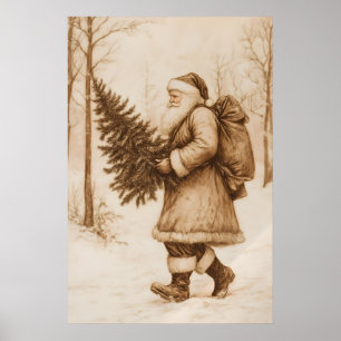Poster Pintura Vintage de Natal da Árvore de Natal do Pap