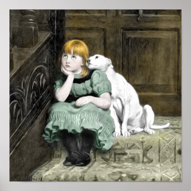 Poster Pintura Vitoriana de Menina Adorando Cachorro (Frente)