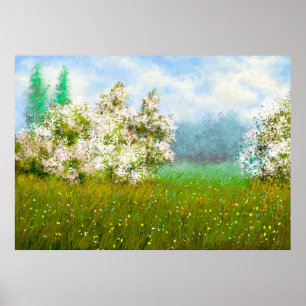 Poster Pinturas de petróleo paisagem rural, flores no cam