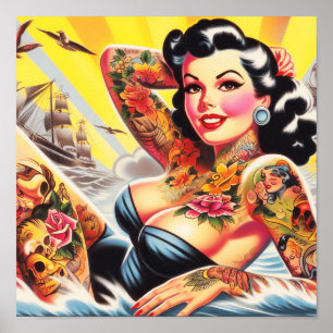 Poster Pinup de tatuagem de praia do Vintage