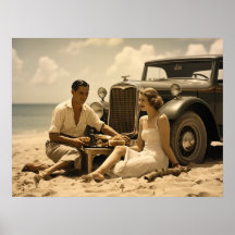 Piquenique retrô na praia, feito em um cartaz, nos